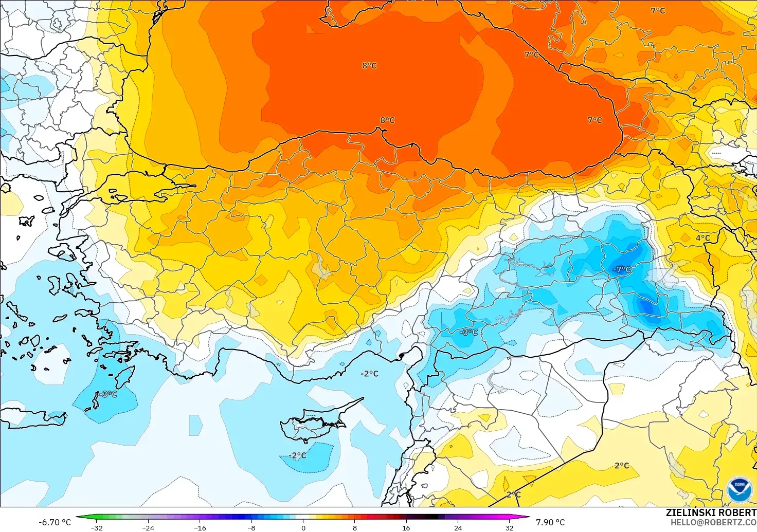 GFS モデル - トルコ, 気温異常（850hPa）