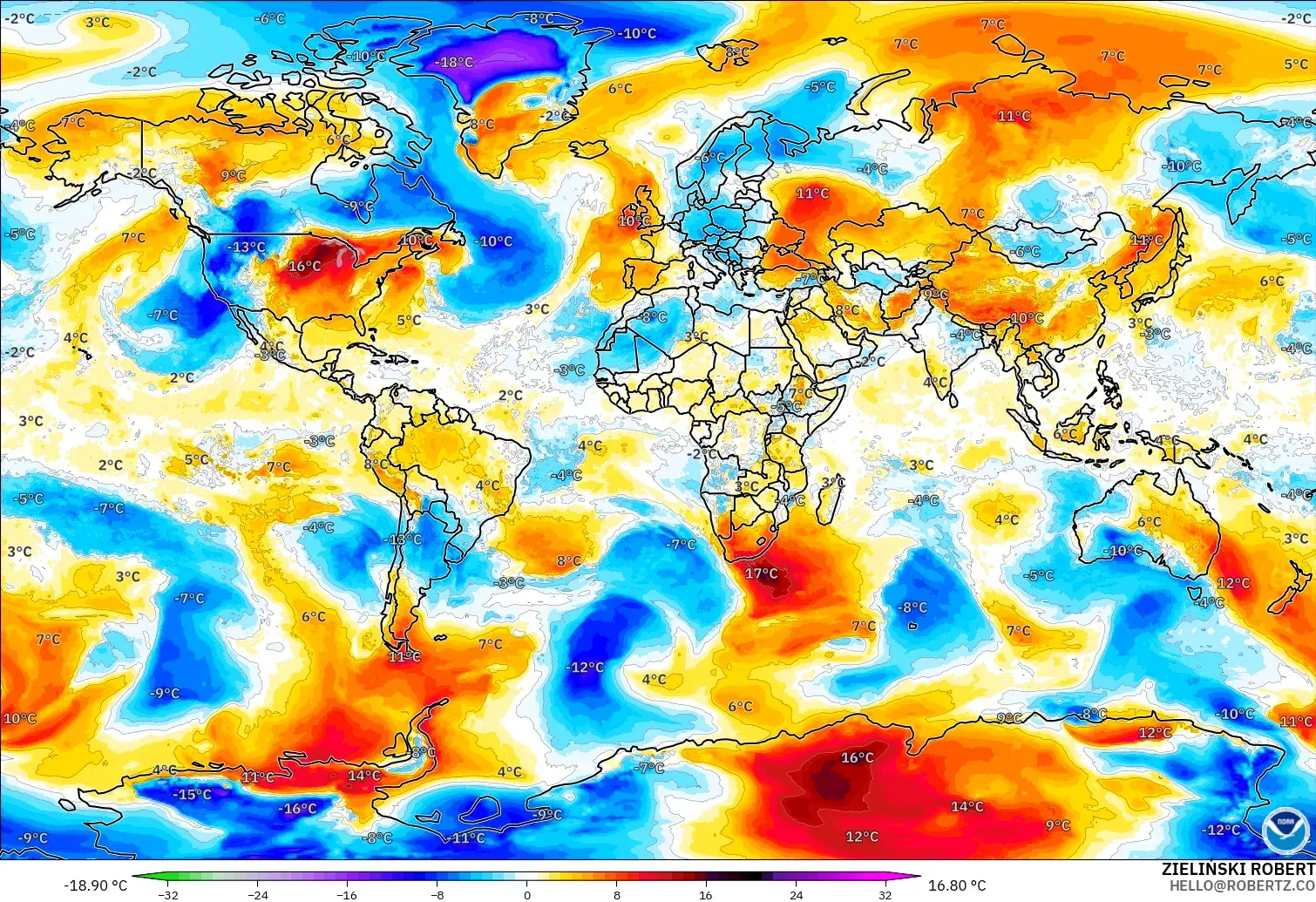 GFS モデル - 世界, 気温異常（850hPa）
