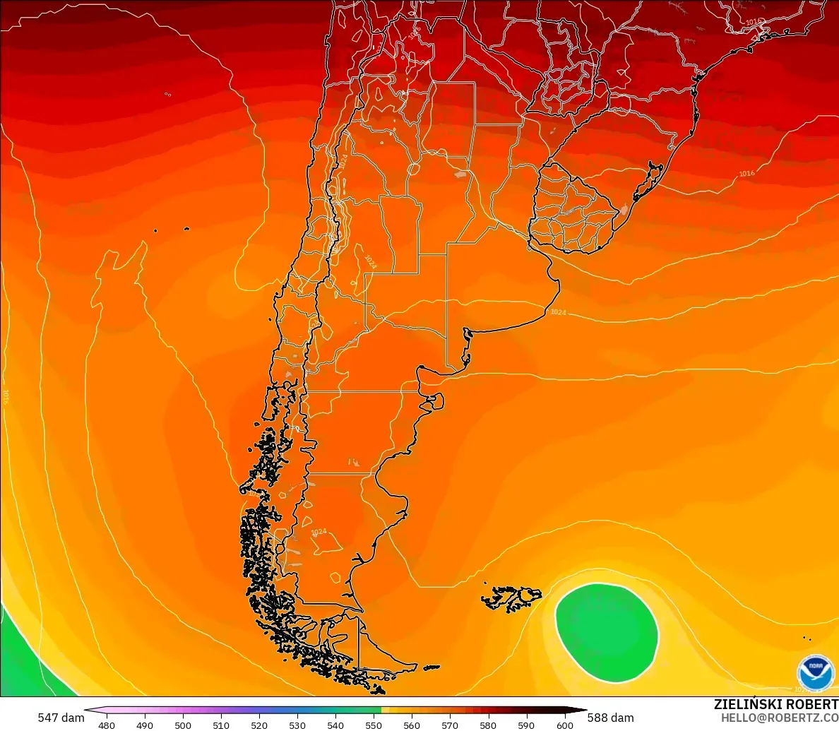 GFS モデル - アルゼンチン, 500hPaのジオポテンシャル高度