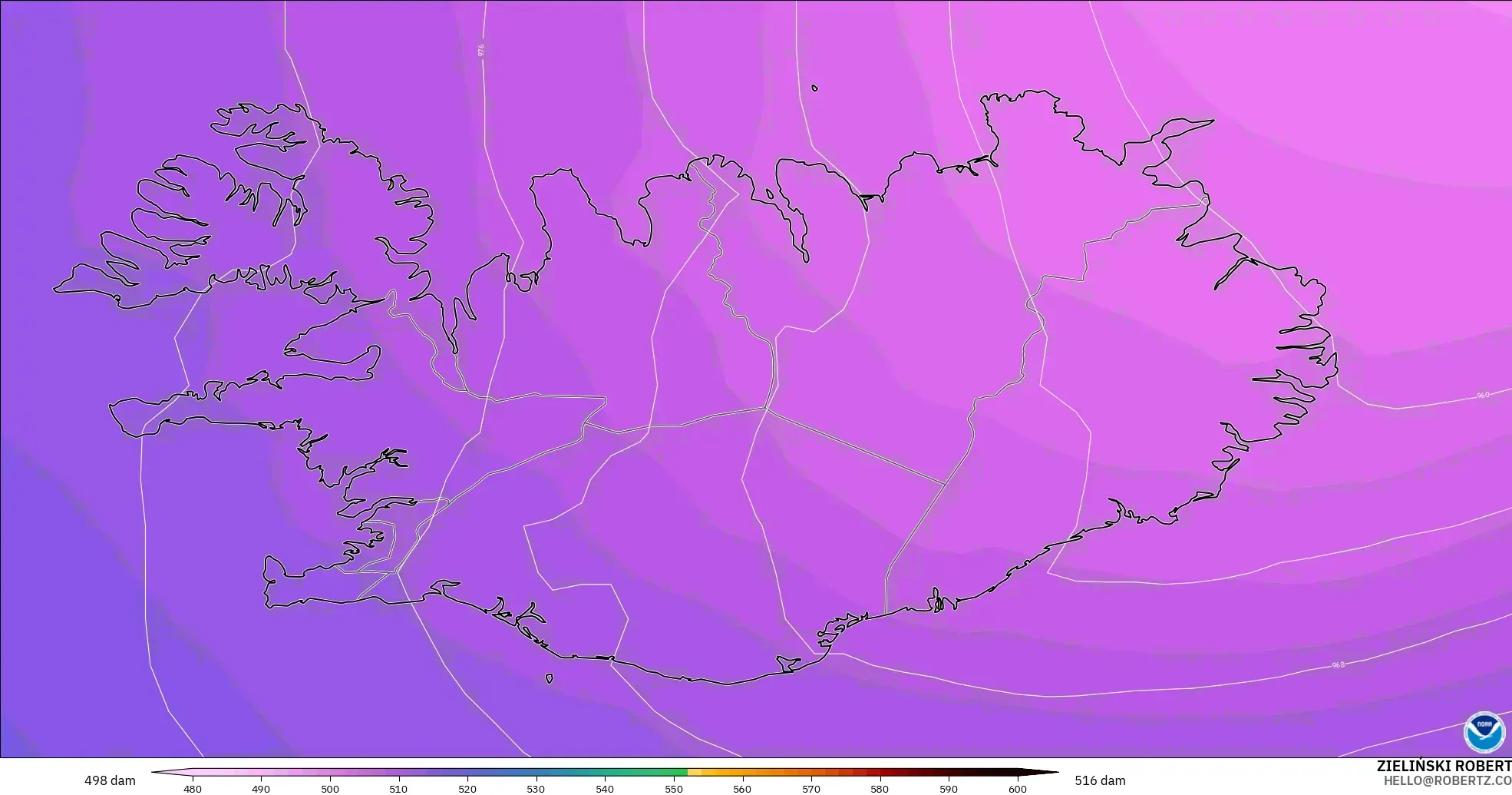 GFS モデル - アイスランド, 500hPaのジオポテンシャル高度