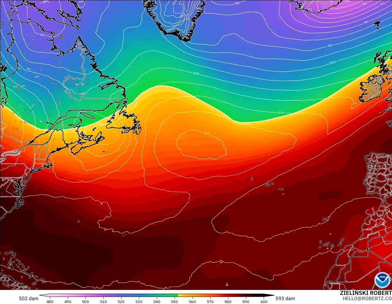 GFS モデル - 北大西洋, 500hPaのジオポテンシャル高度