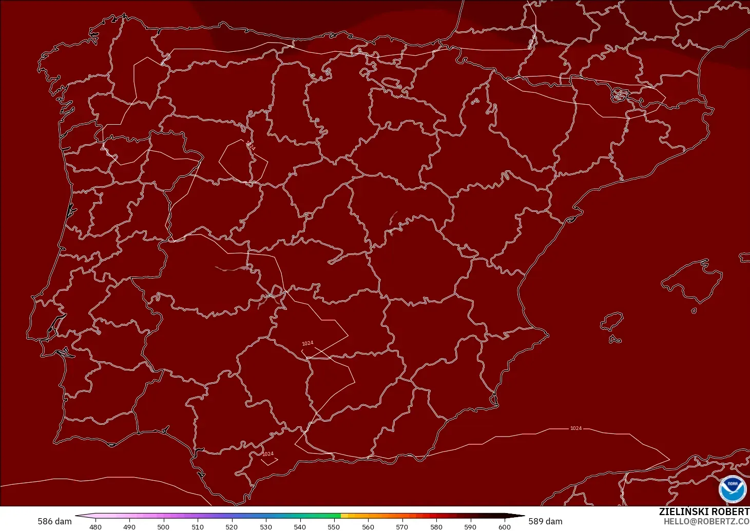 GFS モデル - スペイン, 500hPaのジオポテンシャル高度