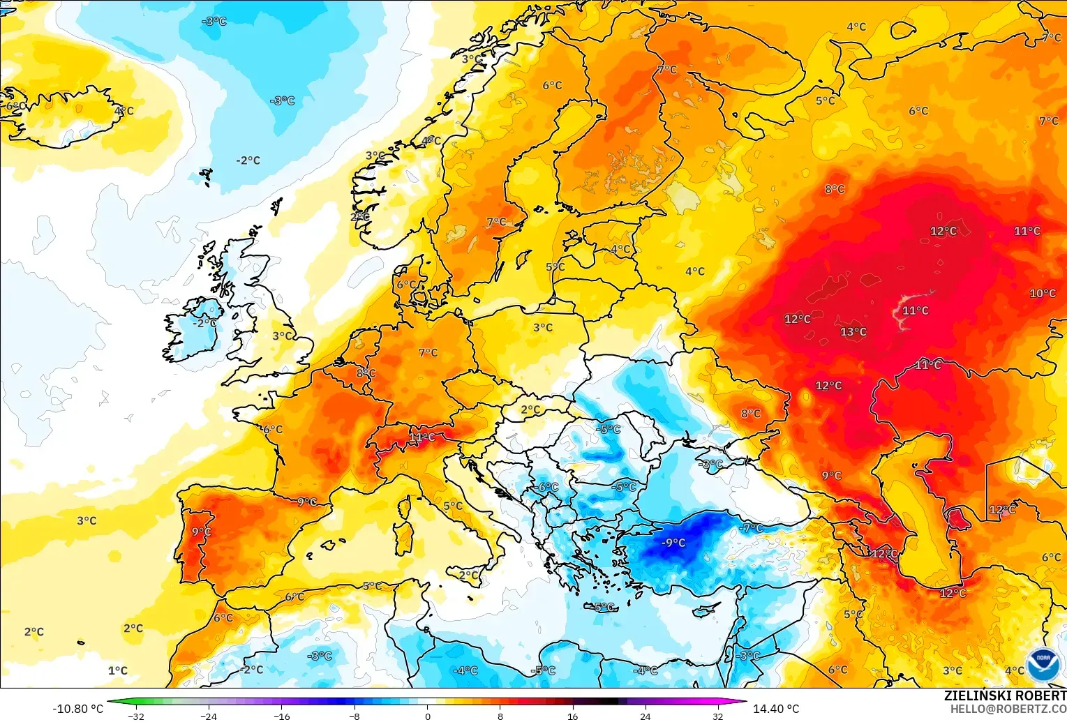 GFS モデル - ヨーロッパ, 気温異常（2m）