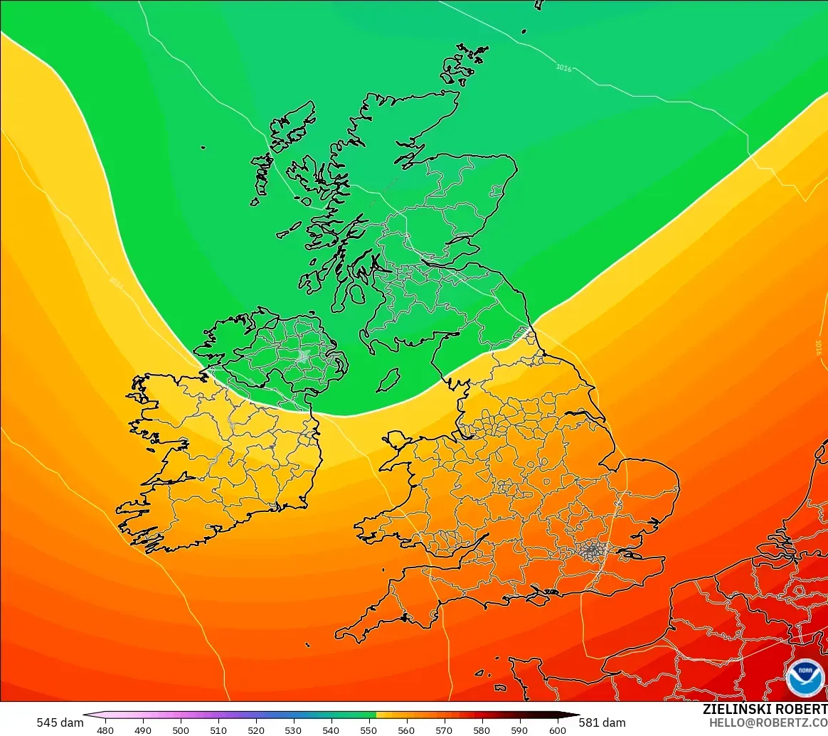 GFS モデル - イギリス, 500hPaのジオポテンシャル高度