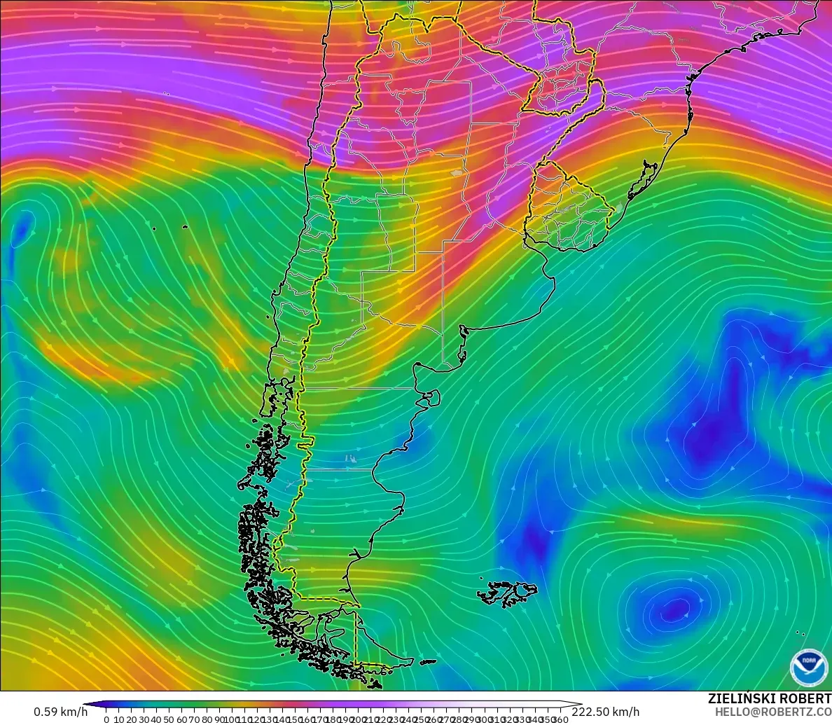GFS モデル - アルゼンチン, 風速（300hPa）