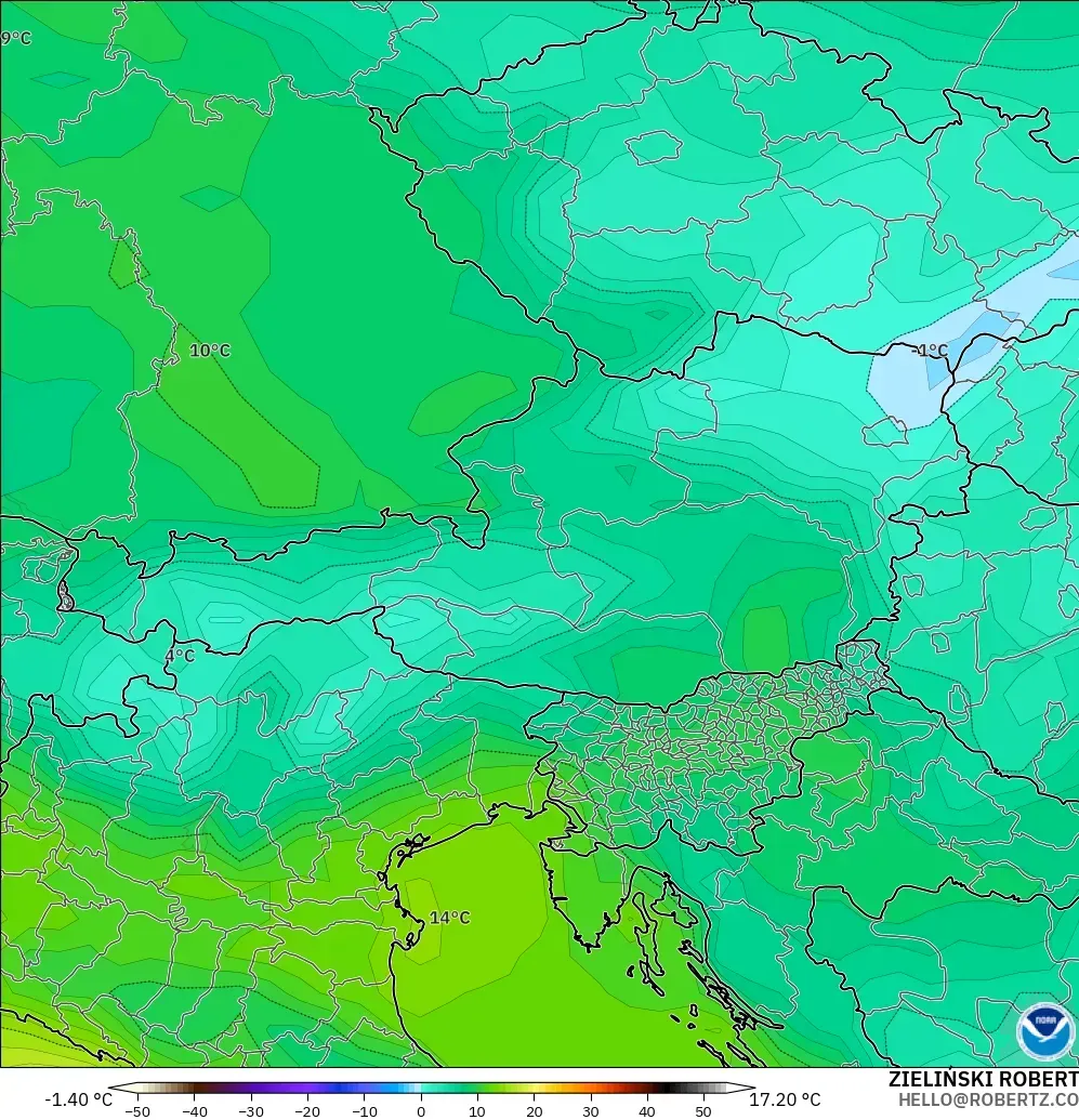 GFS モデル - オーストリア, 露点温度（2m）