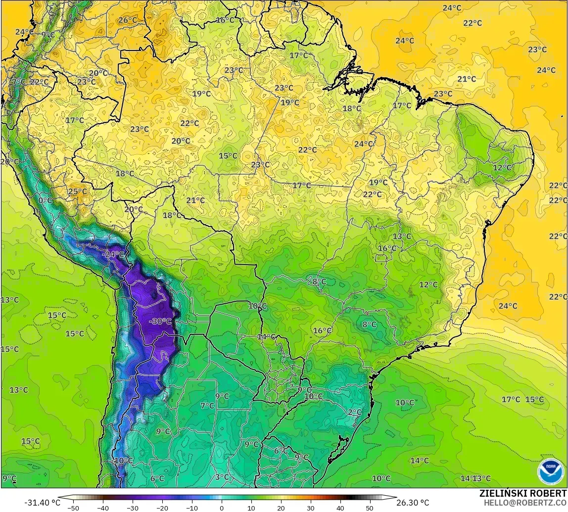 GFS モデル - ブラジル, 露点温度（2m）