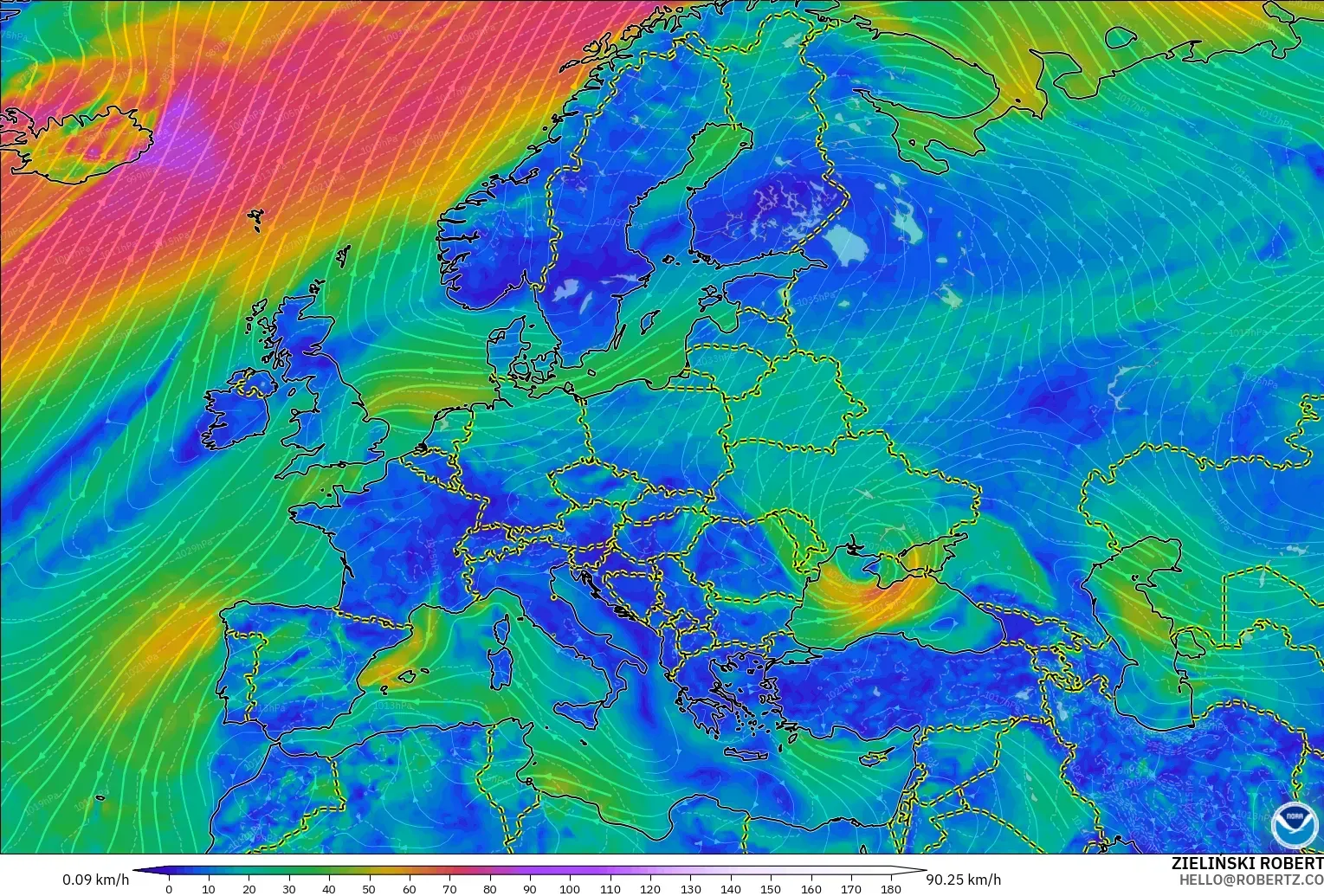 GFS モデル - ヨーロッパ, 風速（10m）