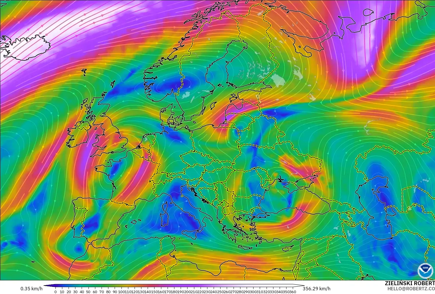 GFS モデル - ヨーロッパ, 風速（300hPa）