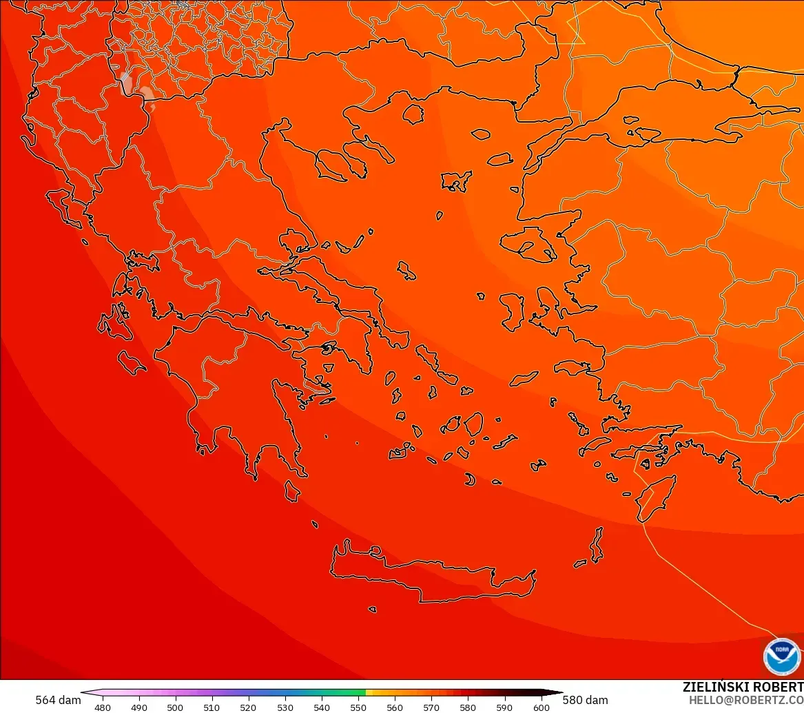 GFS モデル - ギリシャ, 500hPaのジオポテンシャル高度