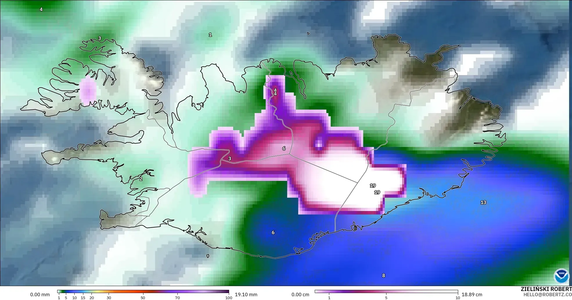 GFS モデル - アイスランド, 降水量、雲、気圧