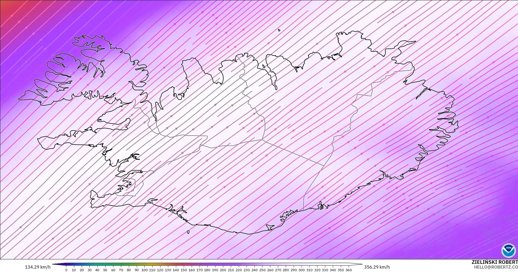 GFS モデル - アイスランド, 風速（300hPa）