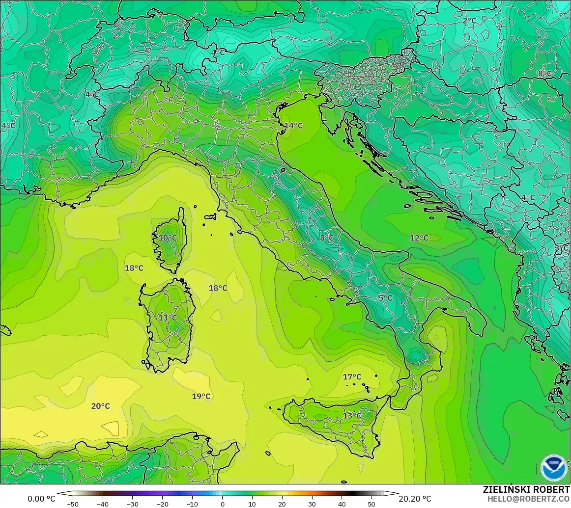 GFS モデル - イタリア, 露点温度（2m）