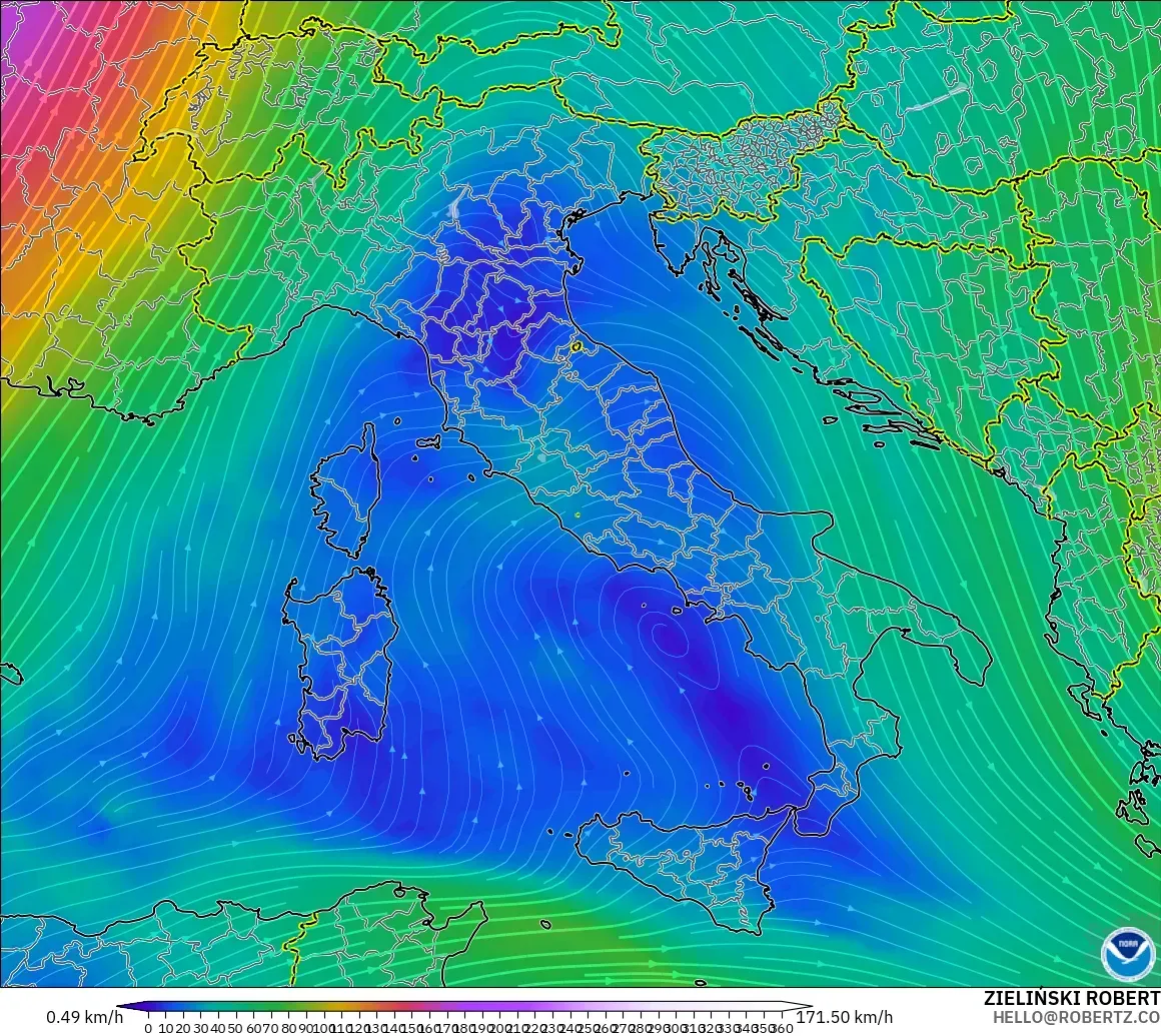GFS モデル - イタリア, 風速（300hPa）