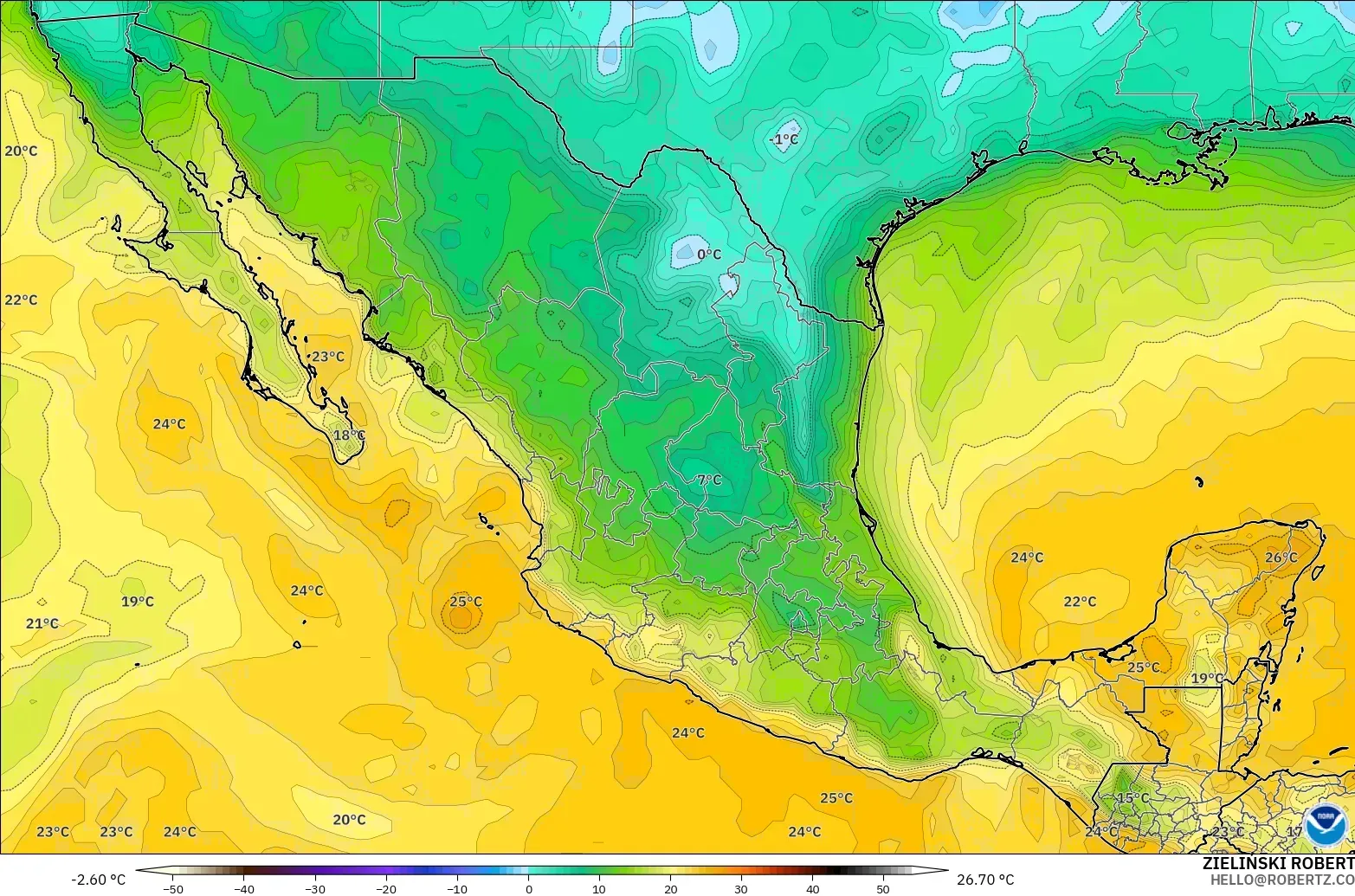 GFS モデル - メキシコ, 露点温度（2m）