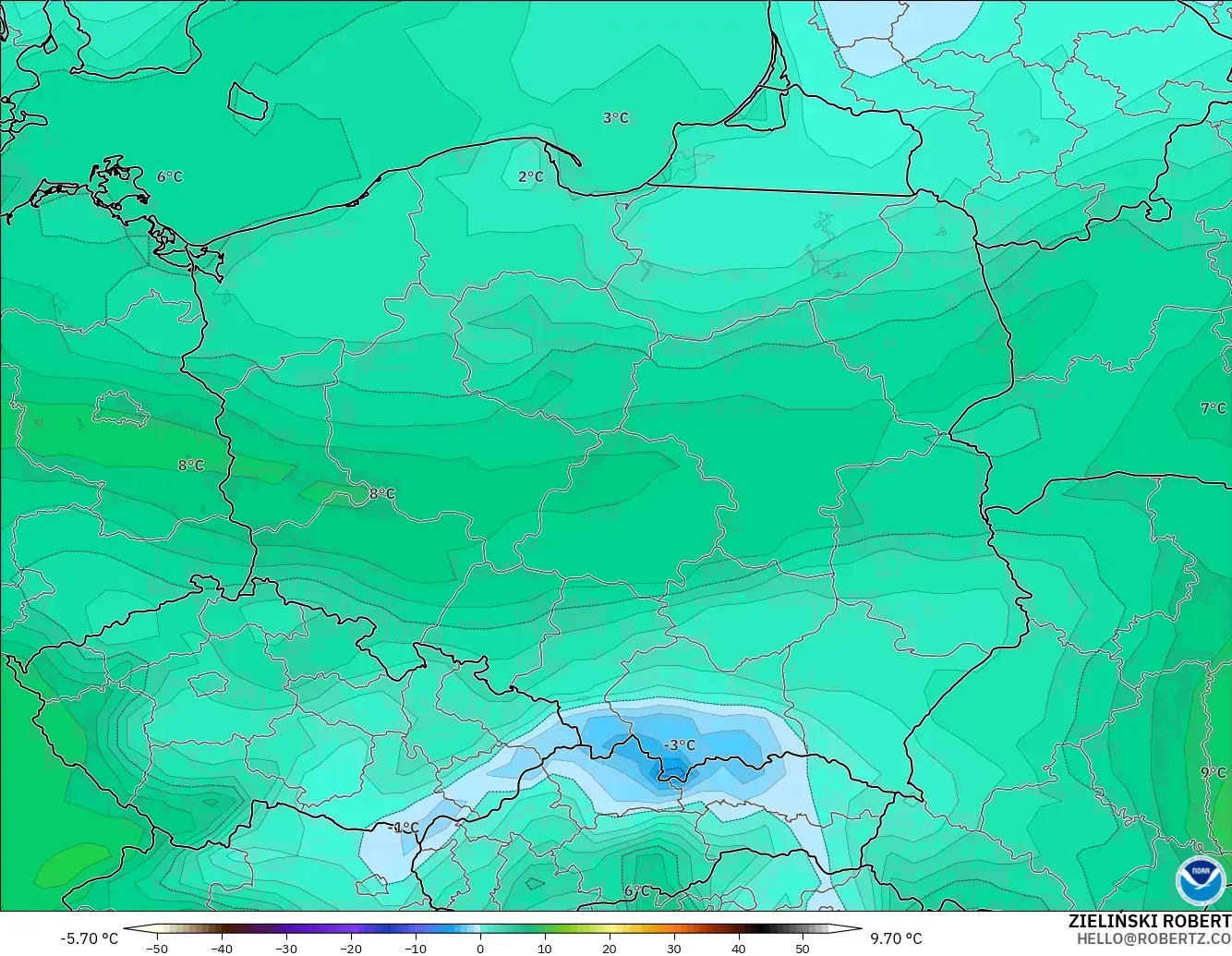GFS モデル - ポーランド, 露点温度（2m）