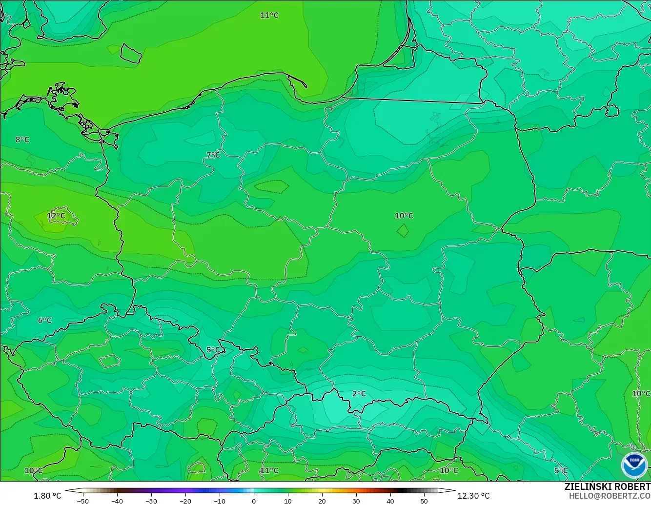 GFS モデル - ポーランド, 気温（2m）