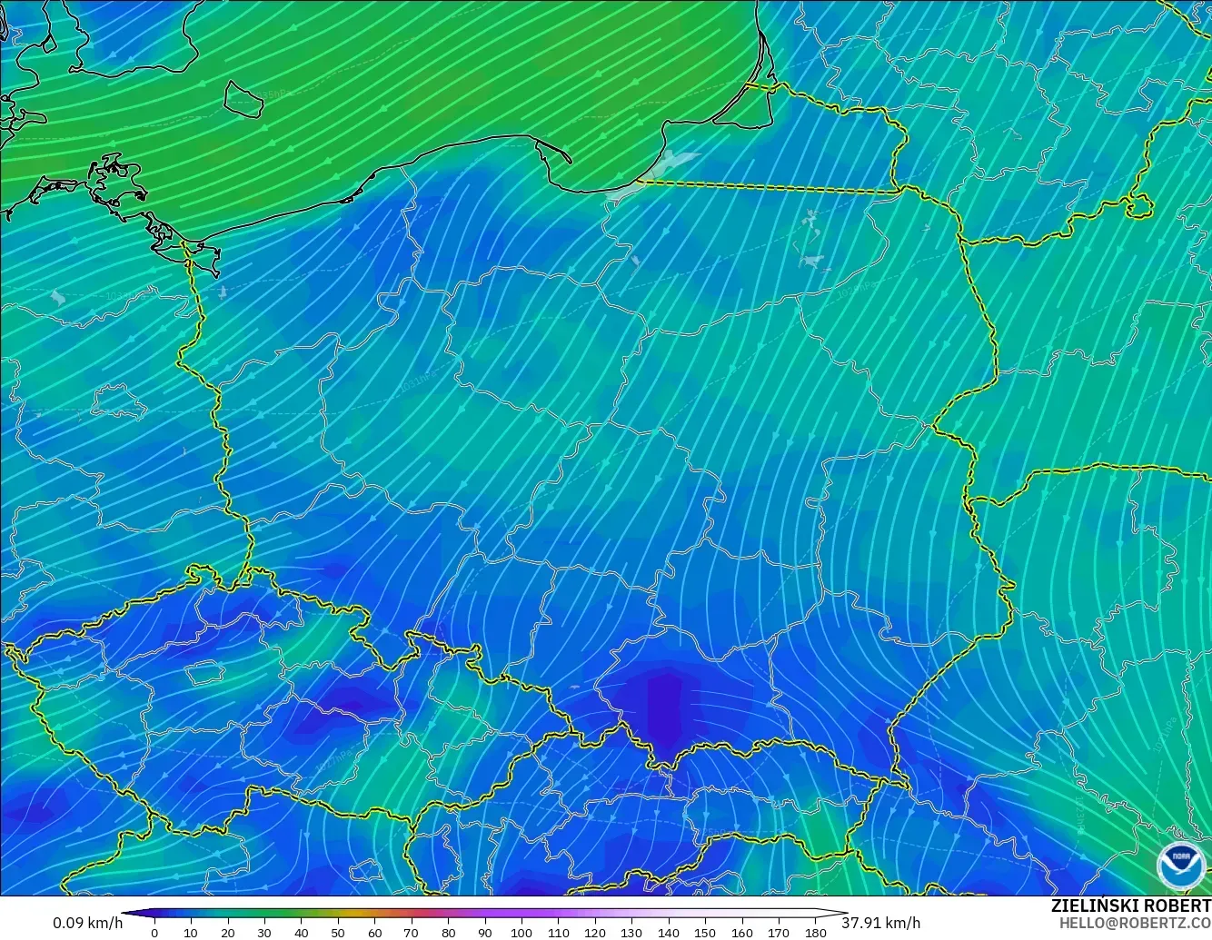 GFS モデル - ポーランド, 風速（10m）