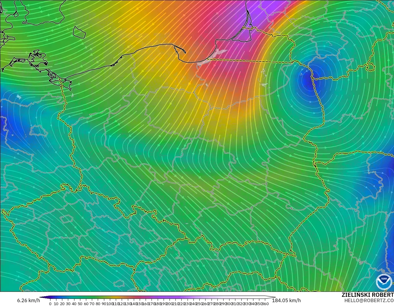 GFS モデル - ポーランド, 風速（300hPa）