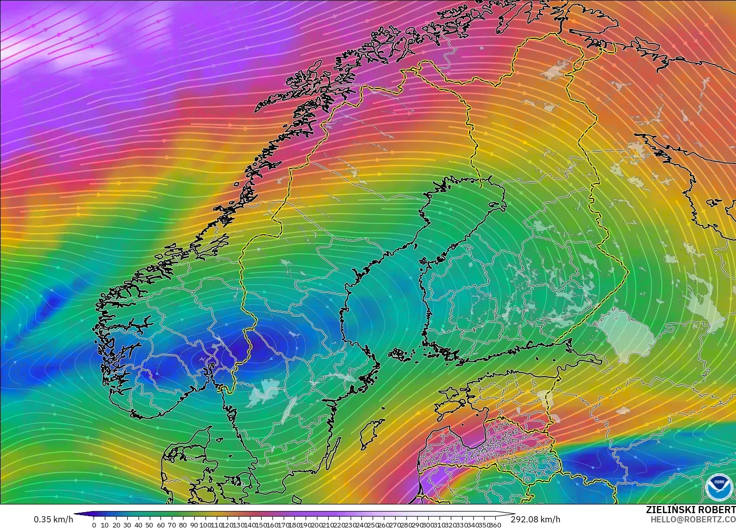 GFS モデル - スカンジナビア, 風速（300hPa）