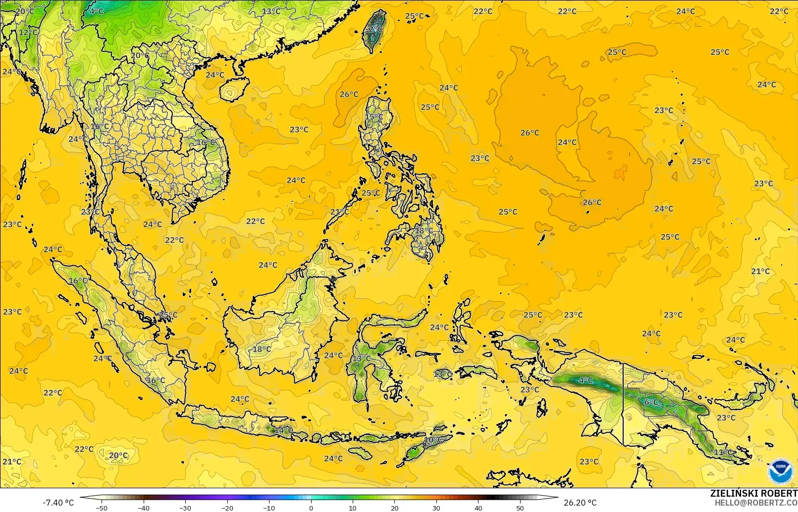 GFS モデル - 東南アジア, 露点温度（2m）