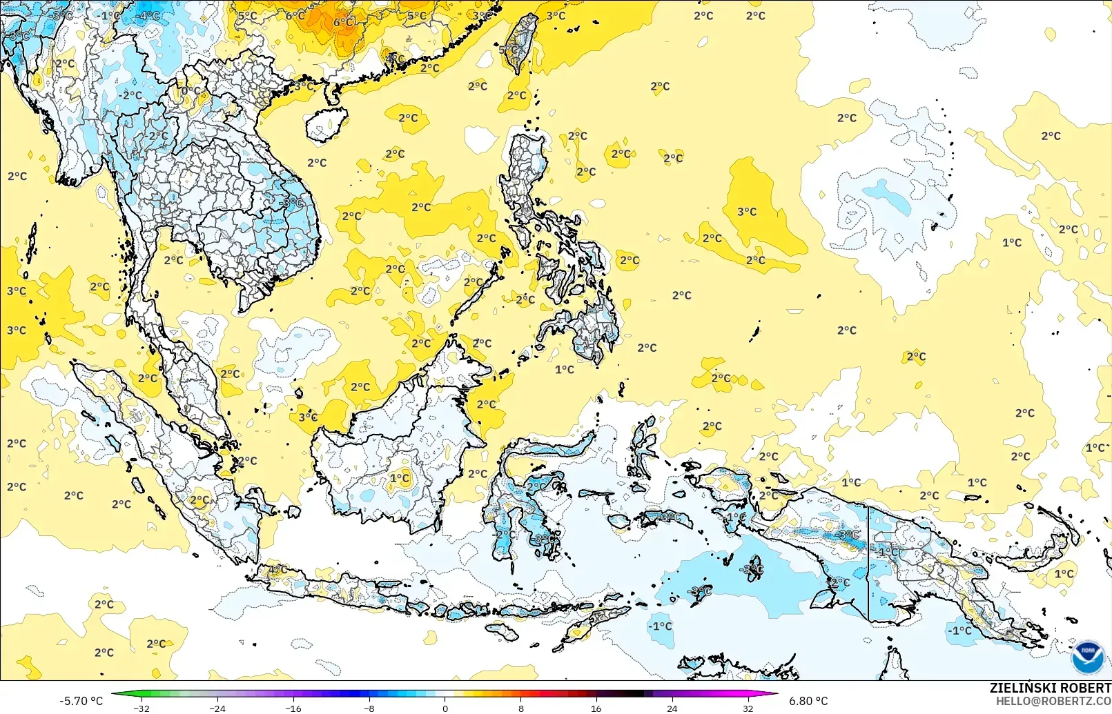 GFS モデル - 東南アジア, 気温異常（2m）