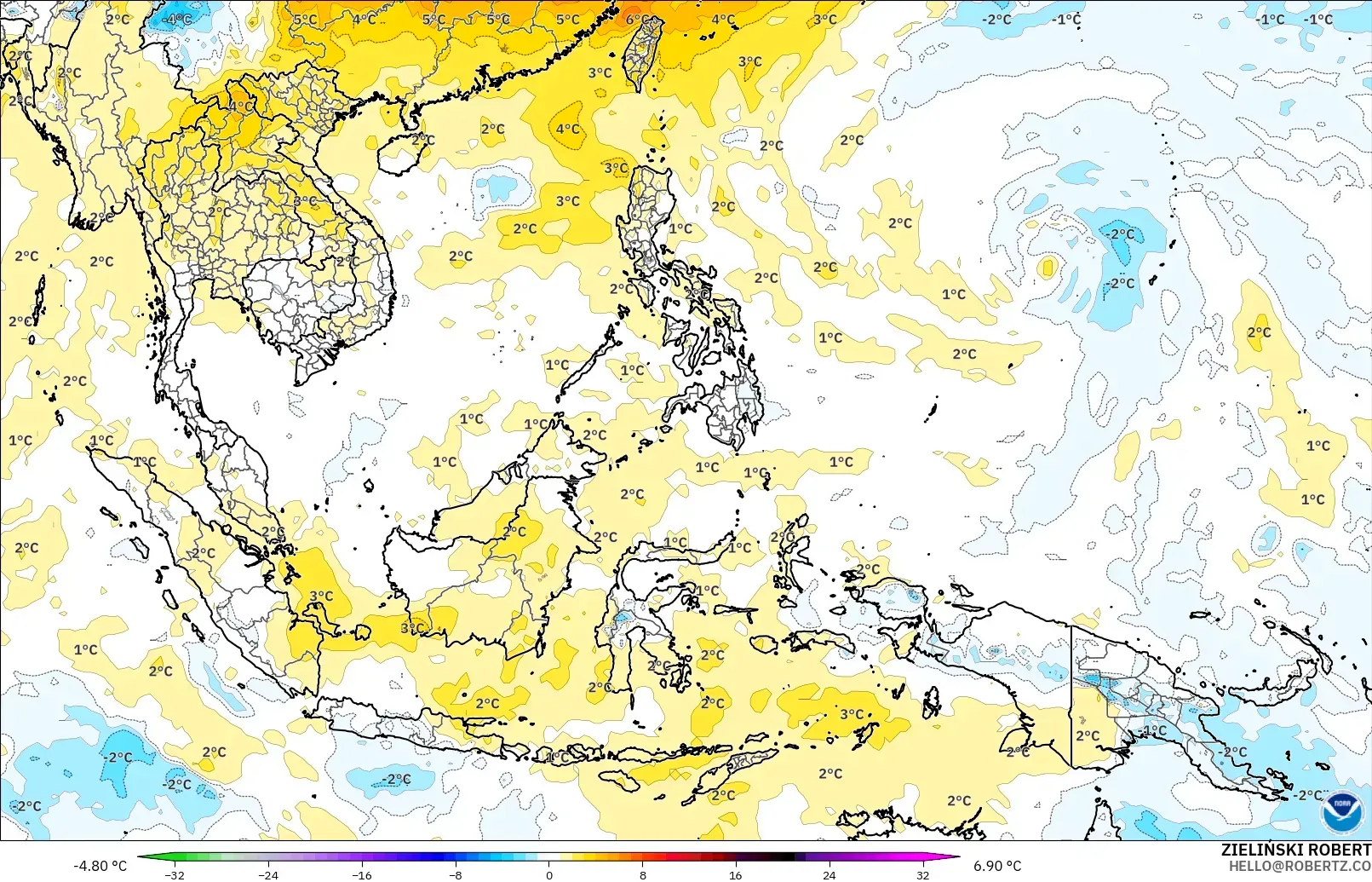 GFS モデル - 東南アジア, 気温異常（850hPa）