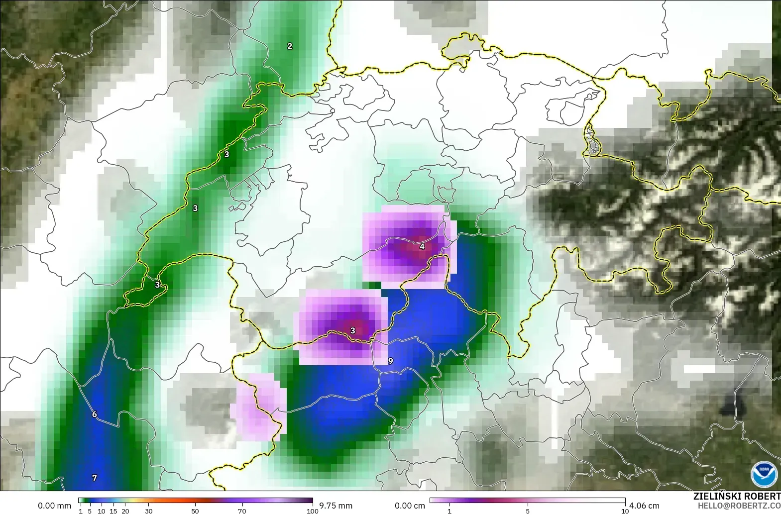 GFS モデル - スイス, 降水量、雲、気圧