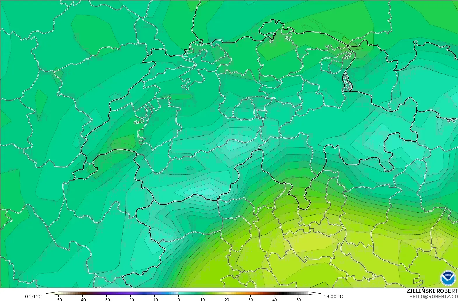 GFS モデル - スイス, 気温（2m）