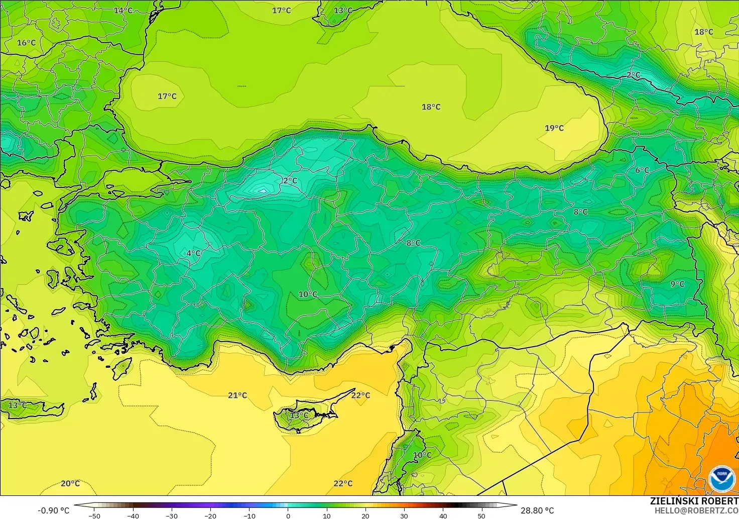 GFS モデル - トルコ, 気温（2m）