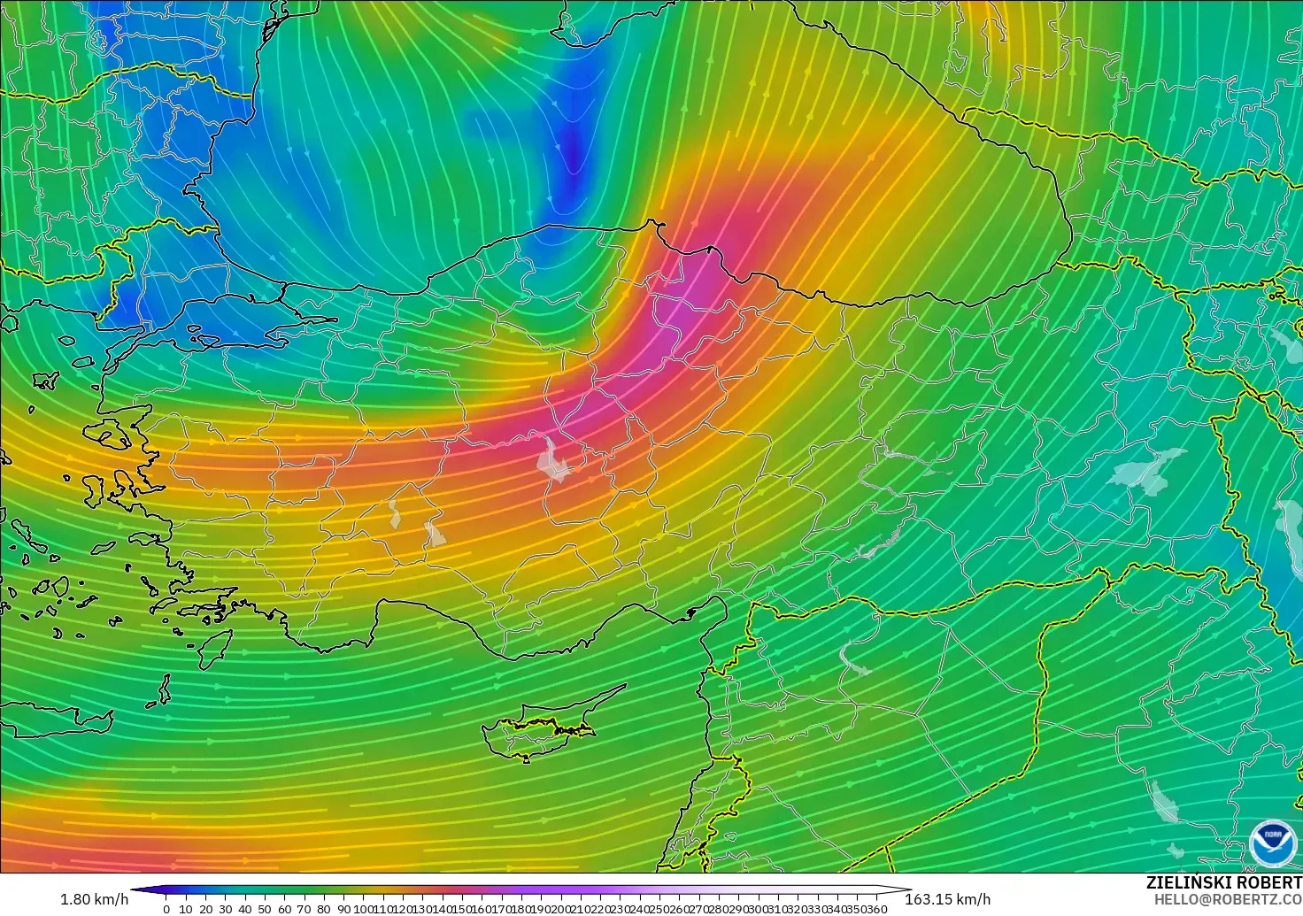 GFS モデル - トルコ, 風速（300hPa）