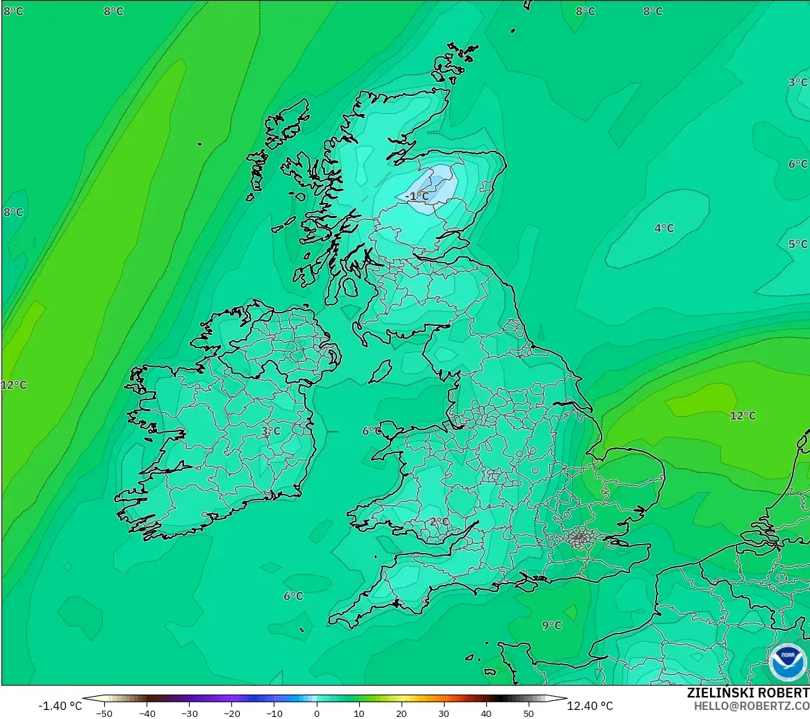 GFS モデル - イギリス, 露点温度（2m）