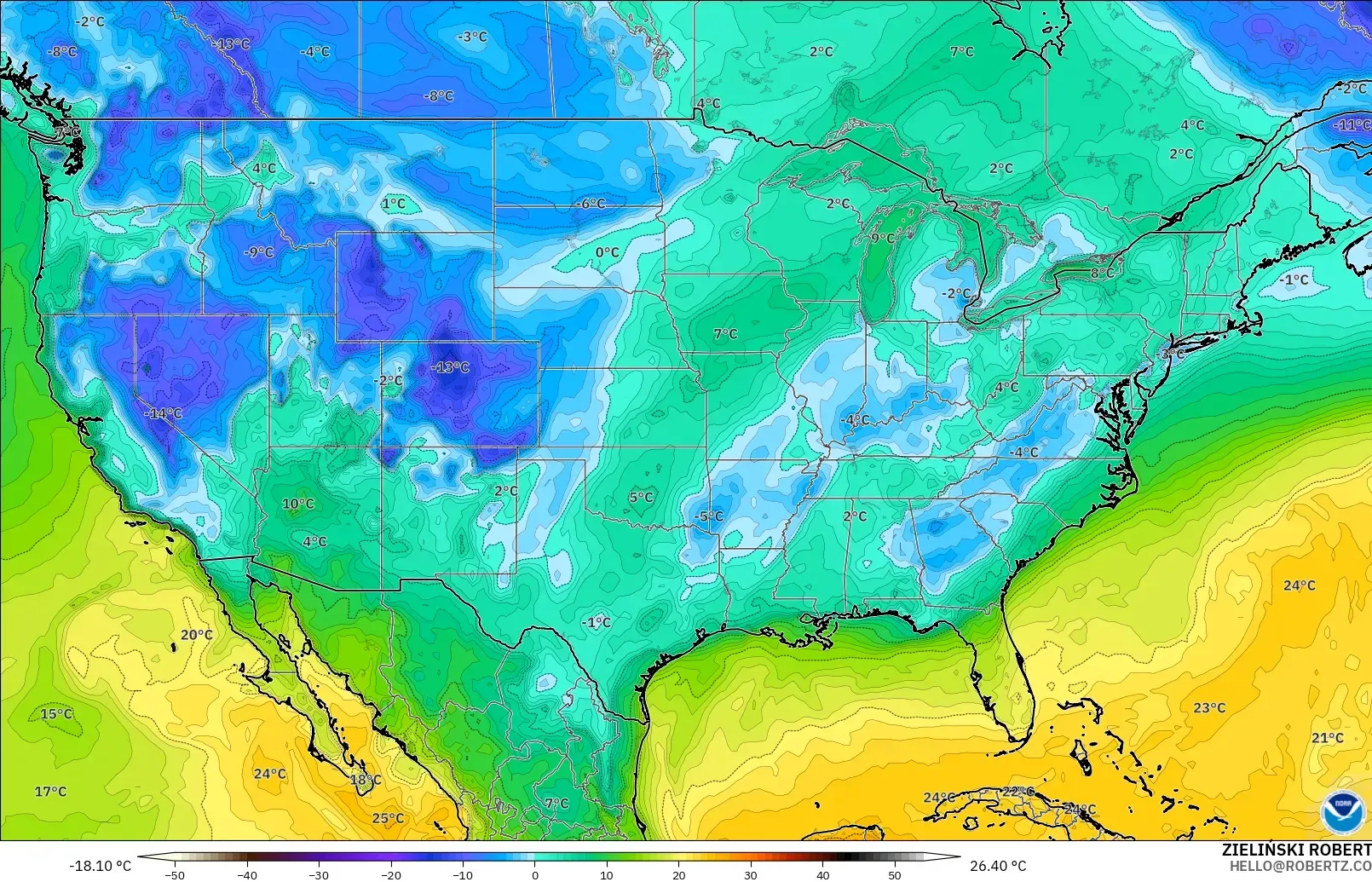 GFS モデル - アメリカ合衆国, 露点温度（2m）