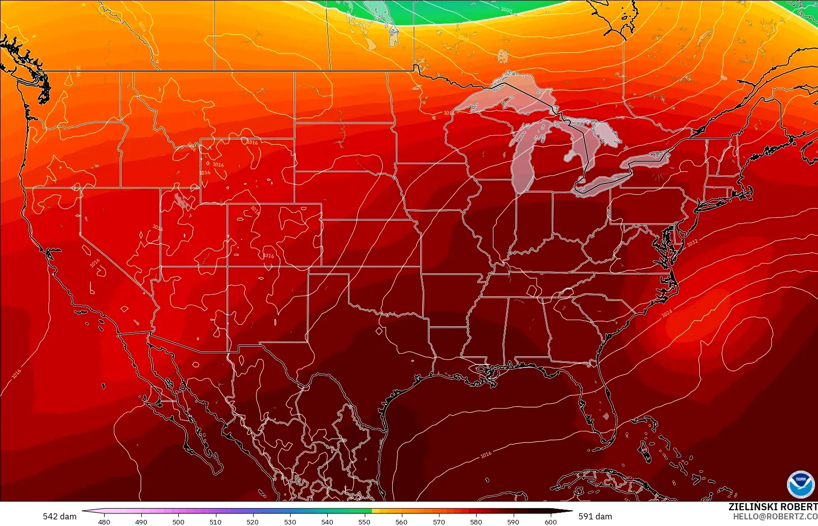 GFS モデル - アメリカ合衆国, 500hPaのジオポテンシャル高度