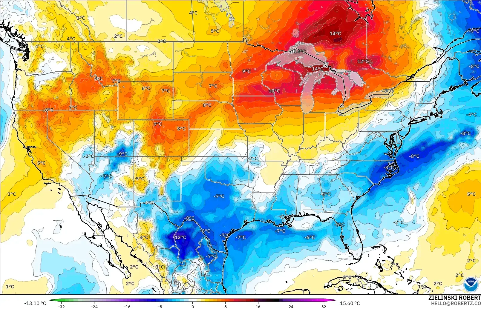 GFS モデル - アメリカ合衆国, 気温異常（850hPa）