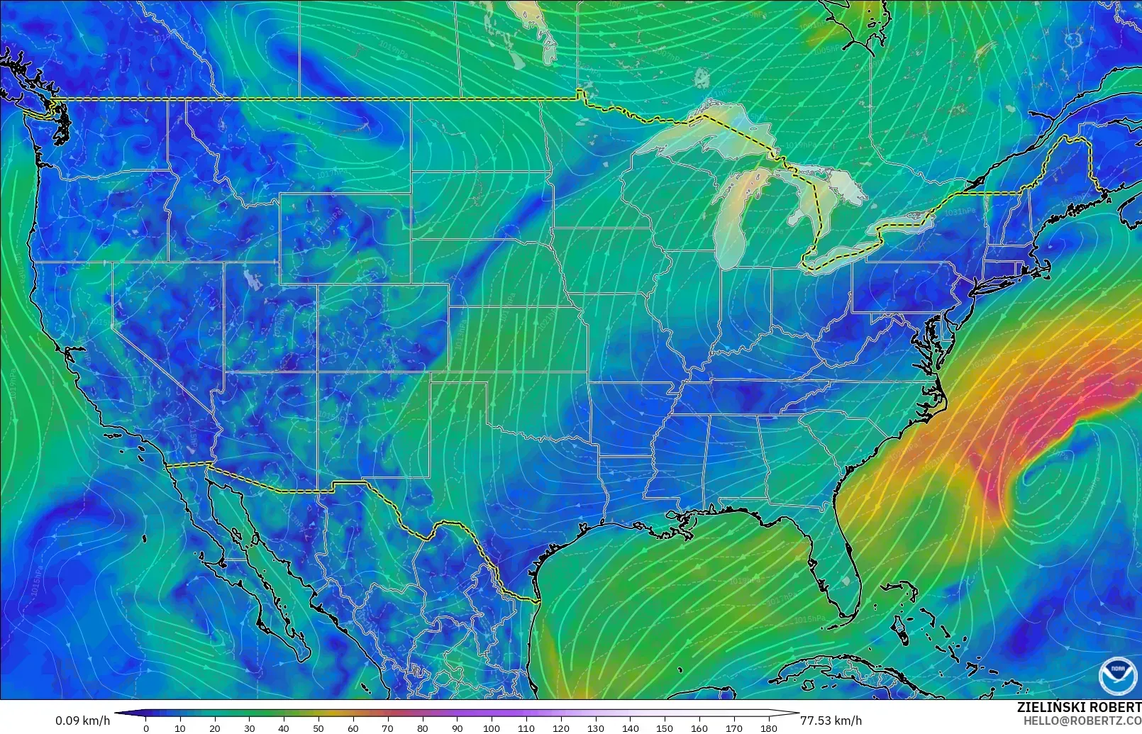 GFS モデル - アメリカ合衆国, 風速（10m）