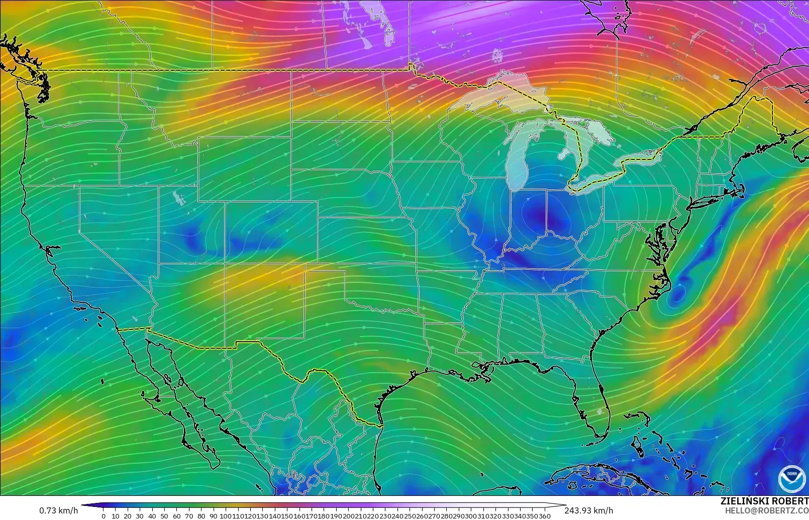 GFS モデル - アメリカ合衆国, 風速（300hPa）