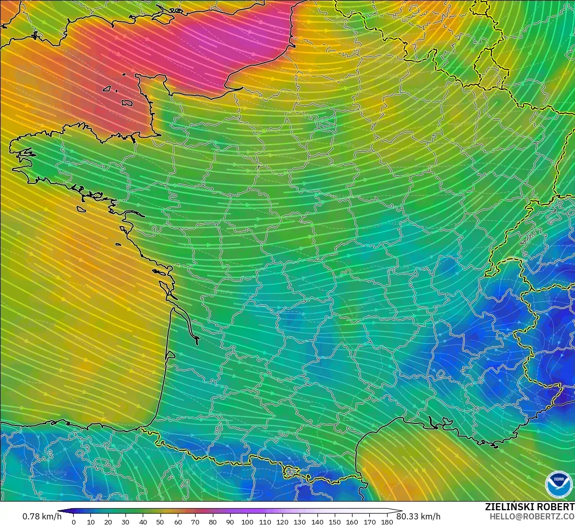 GFS モデル - フランス, 風速（10m）