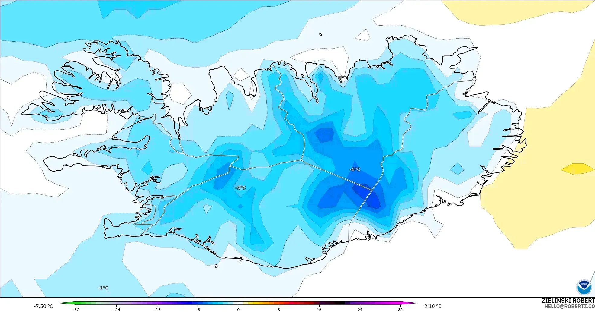 GFS モデル - アイスランド, 気温異常（2m）