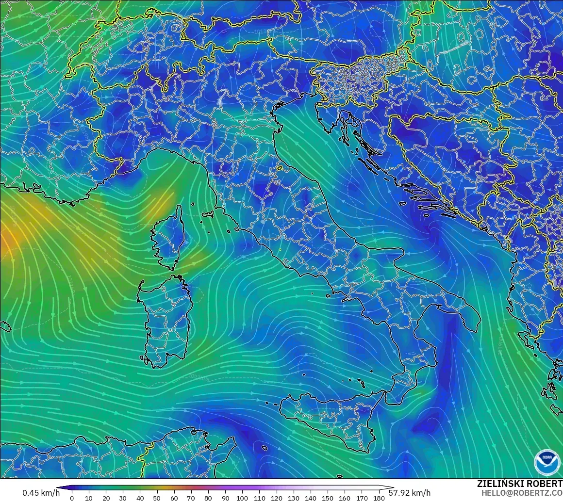 GFS モデル - イタリア, 風速（10m）