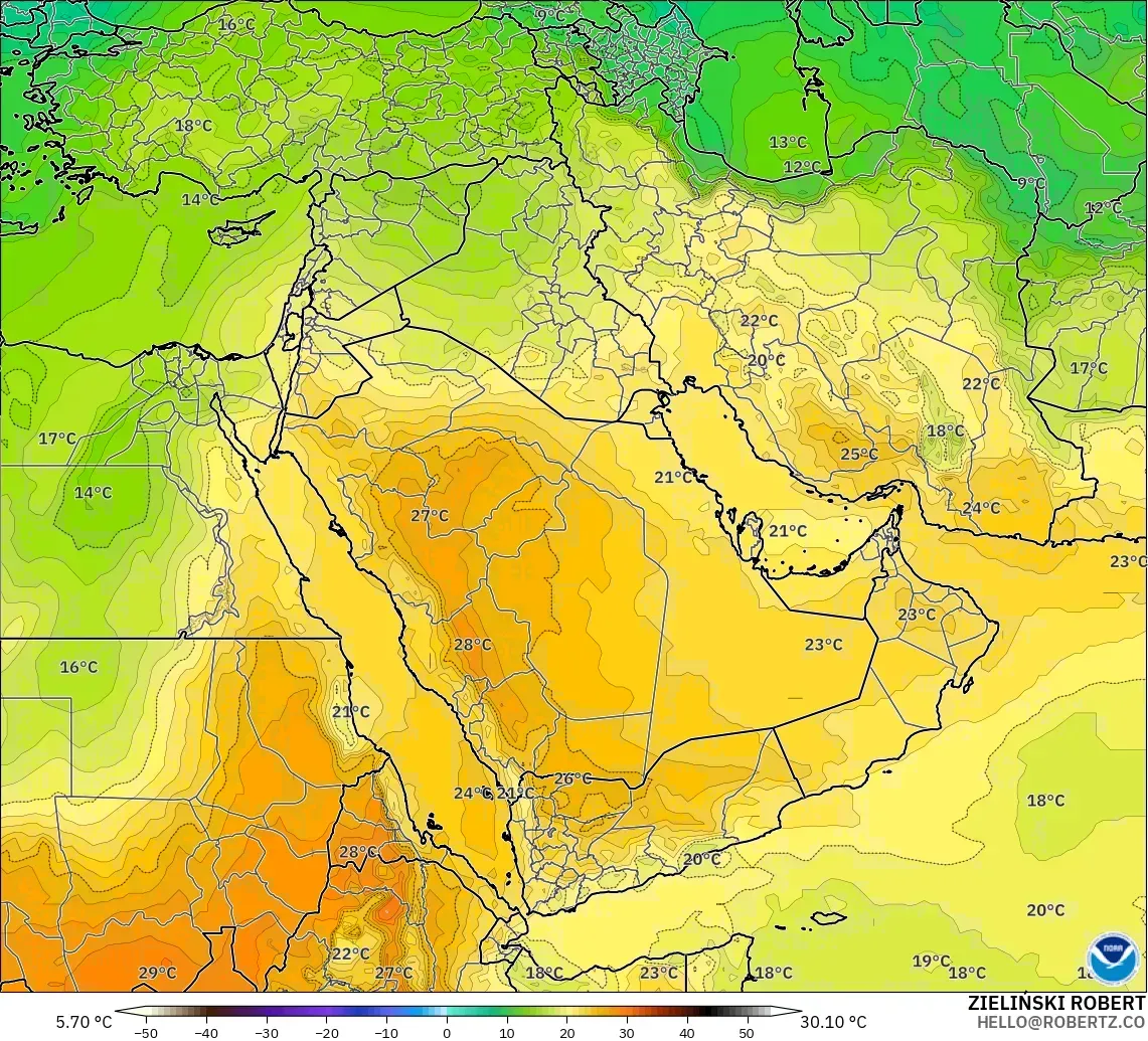 GFS モデル - 中東, 気温（850hPa）
