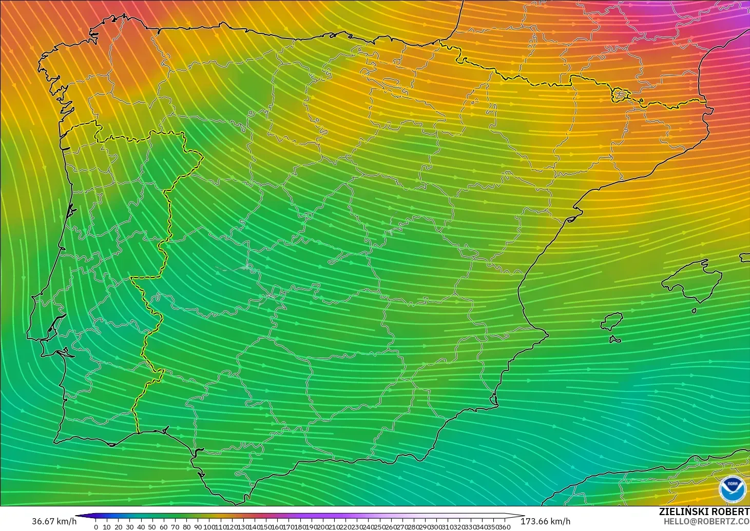 GFS モデル - スペイン, 風速（300hPa）