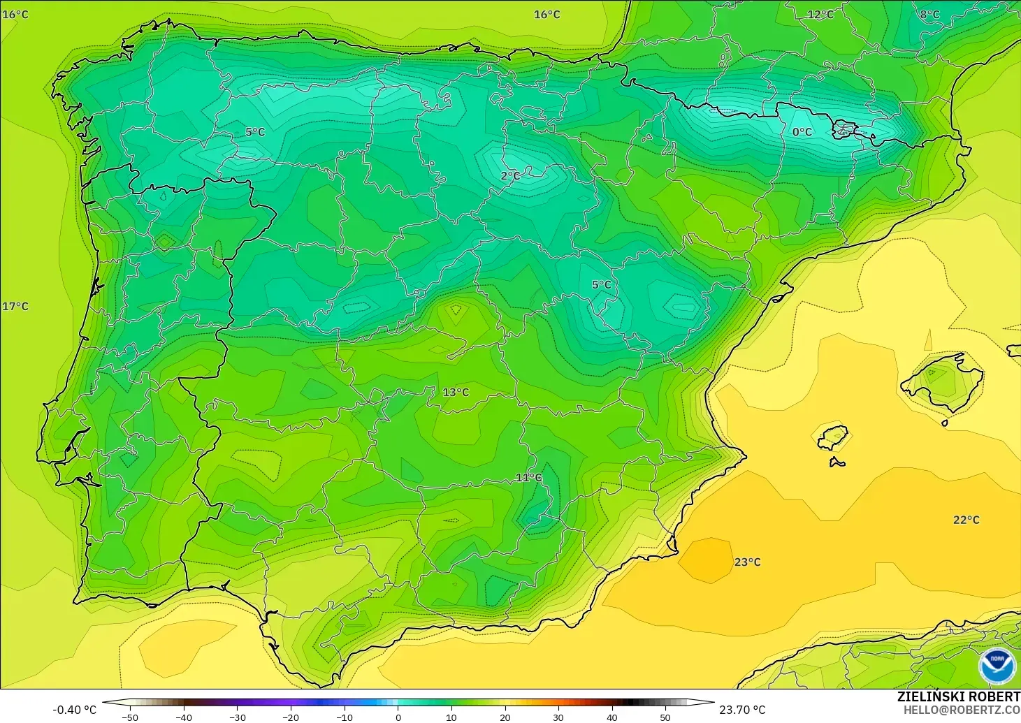 GFS モデル - スペイン, 気温（2m）