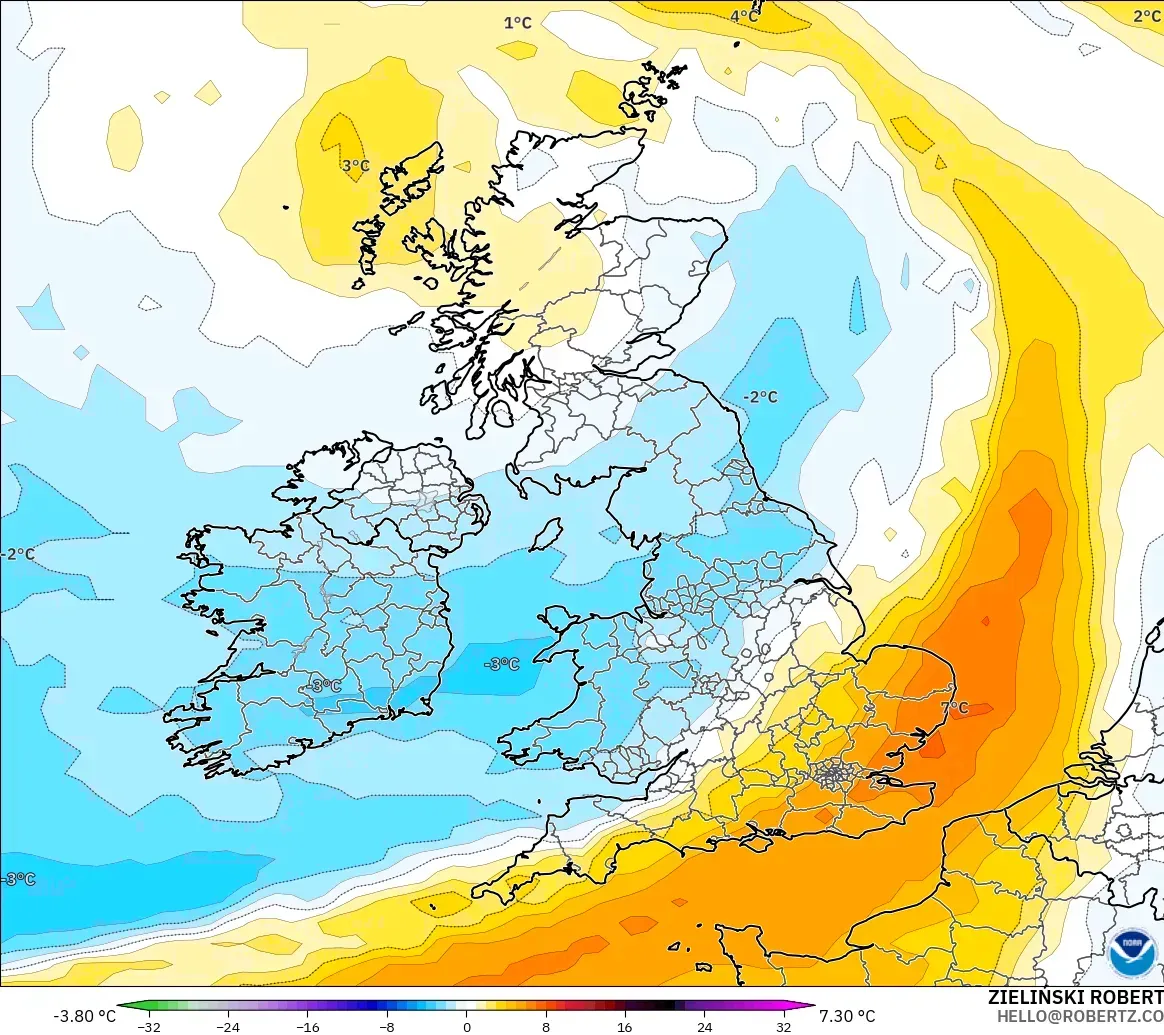 GFS モデル - イギリス, 気温異常（850hPa）