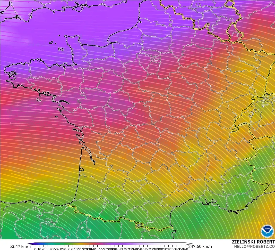 GFS モデル - フランス, 風速（300hPa）
