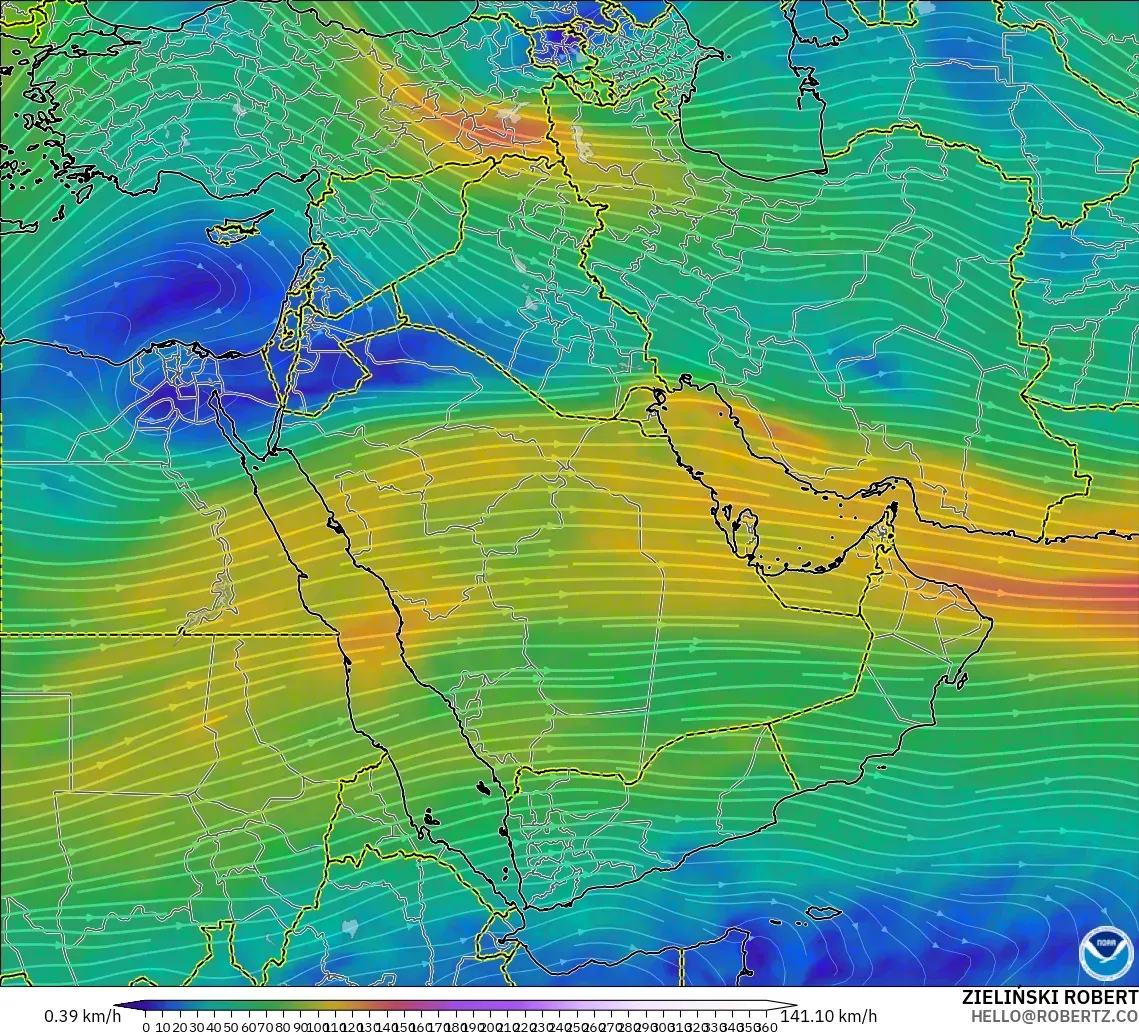 GFS モデル - 中東, 風速（300hPa）