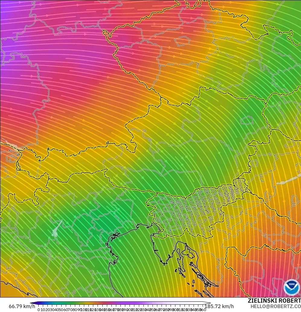 GFS モデル - オーストリア, 風速（300hPa）