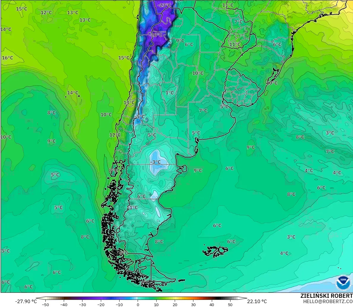 GFS モデル - アルゼンチン, 露点温度（2m）