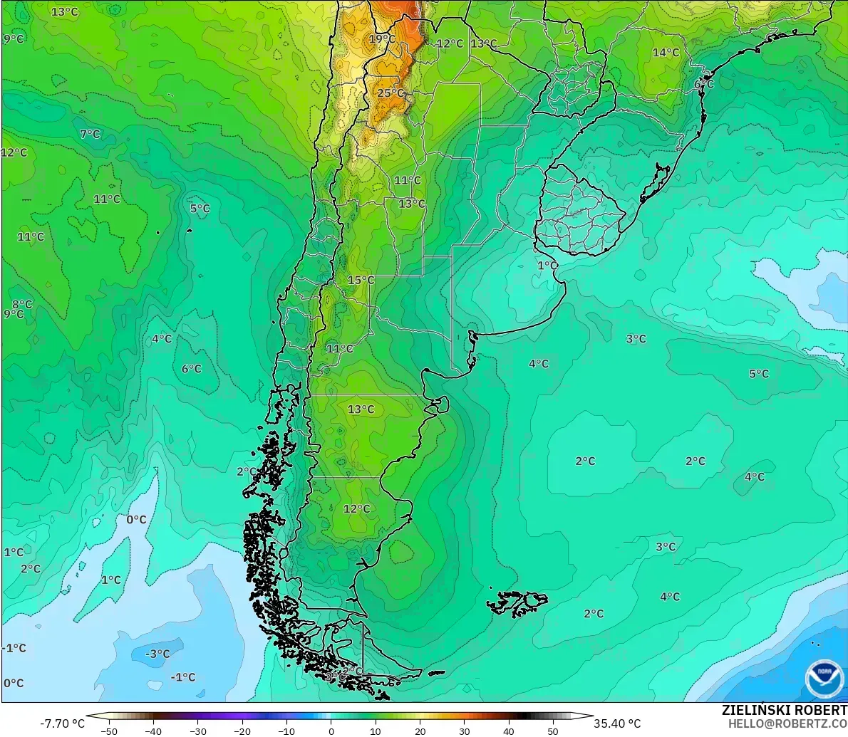GFS モデル - アルゼンチン, 気温（850hPa）