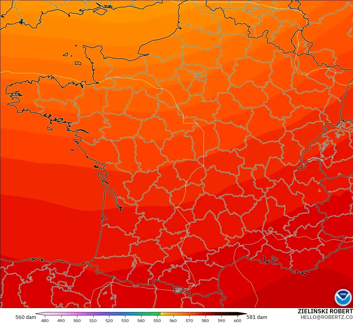 GFS モデル - フランス, 500hPaのジオポテンシャル高度